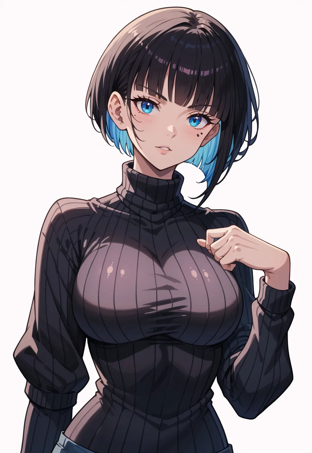 safe_pos, (score_9, score_8_up, score_7_up), flat_color, looking at viewer, attractive pose, 1girl, Luvencia, large breasts, blue eyes, short hair, black hair, multicolored hair, colored inner hair, blue hair, turtleneck_sweater, mole under eye,