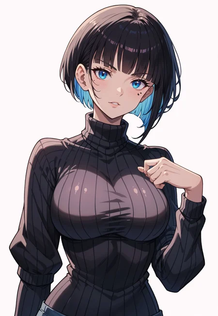 safe_pos, (score_9, score_8_up, score_7_up), flat_color, looking at viewer, attractive pose, 1girl, Luvencia, large breasts, blue eyes, short hair, black hair, multicolored hair, colored inner hair, blue hair, turtleneck_sweater, mole under eye,