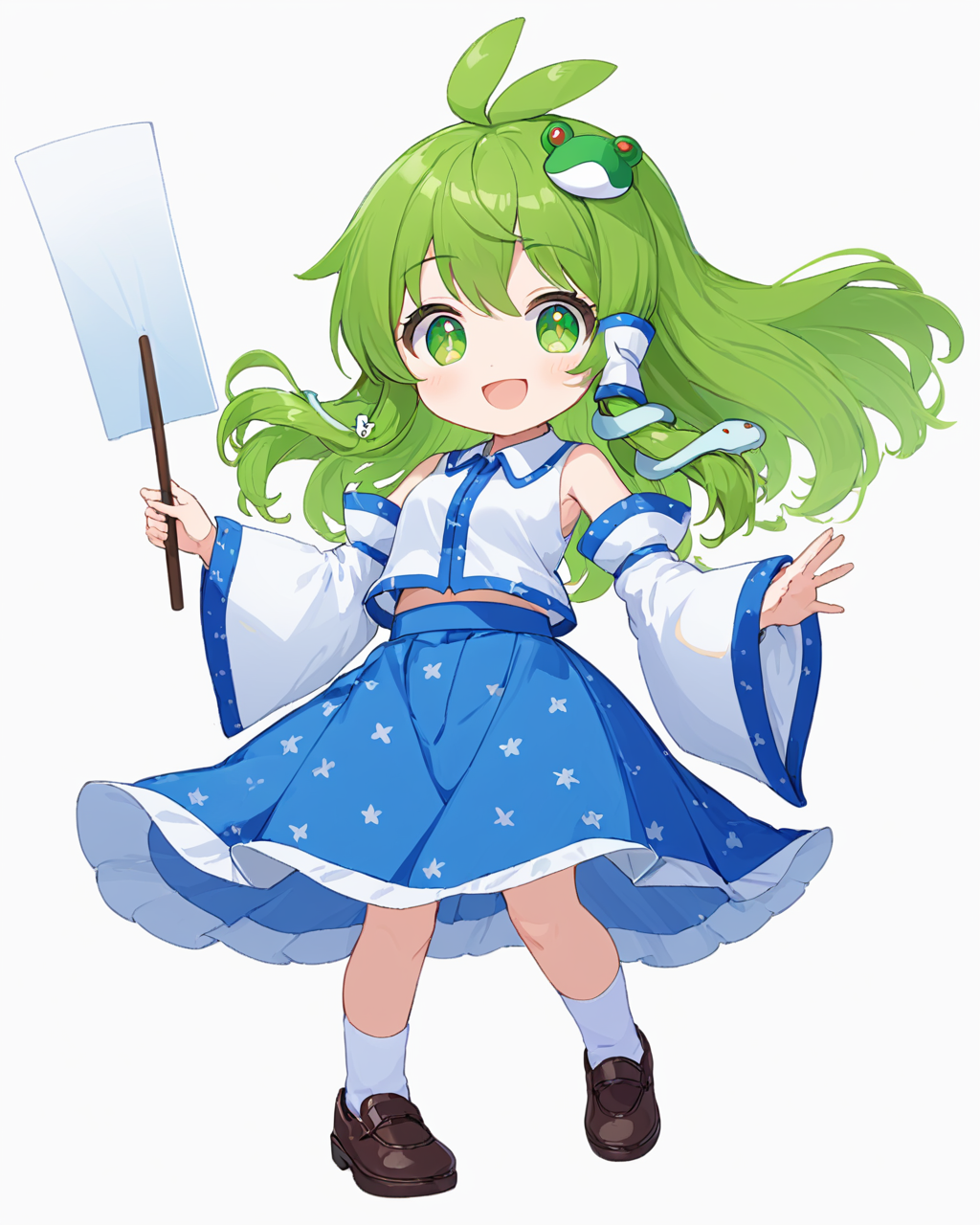 kochiya sanae,1girl, weibo_logo, weibo_username, solo, frog_hair_ornament, blue_skirt, white_background, detached_sleeves, full_body, white_socks, simple_background, open_mouth, shoes, white_shirt, looking_at_viewer, gohei, snake_hair_ornament, smile, wide_sleeves, nontraditional_miko, holding, hair_tubes, collared_shirt
<lora:kochiya_sanae_image8584_2023-12-17:1>,star-shaped_pupils,symbol-shaped_pupils,. gorgeous,key visual, vibrant, studio anime,award-winning, professional, highly detailed,high budget, cinemascope