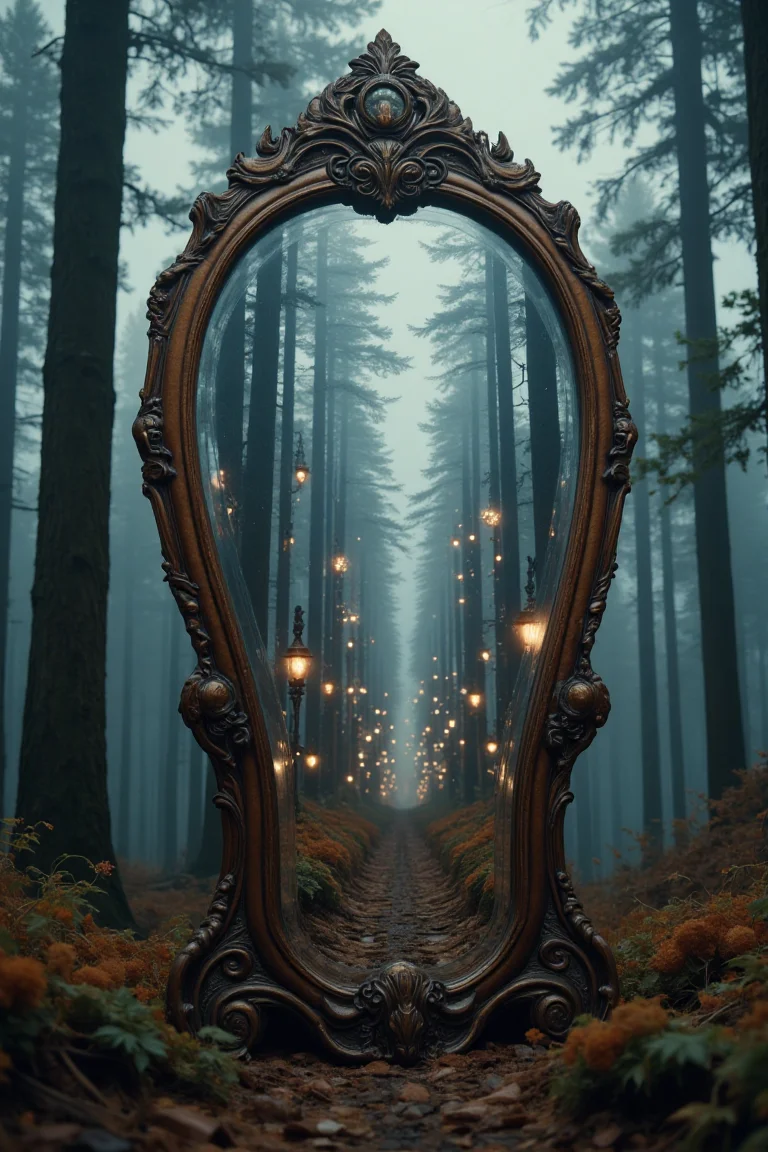 A freestanding, antique mirror sits in a dense, foggy forest, (but instead of reflecting the forest, it shows an entirely different world:1.4). Inside the mirror, a futuristic cityscape with flying vehicles and glowing skyscrapers pulses with life.Hyperrealistic glass textures, intricate alternate realities, and dramatic atmospheric effects.