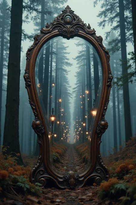 A freestanding, antique mirror sits in a dense, foggy forest, (but instead of reflecting the forest, it shows an entirely different world:1.4). Inside the mirror, a futuristic cityscape with flying vehicles and glowing skyscrapers pulses with life.Hyperrealistic glass textures, intricate alternate realities, and dramatic atmospheric effects.