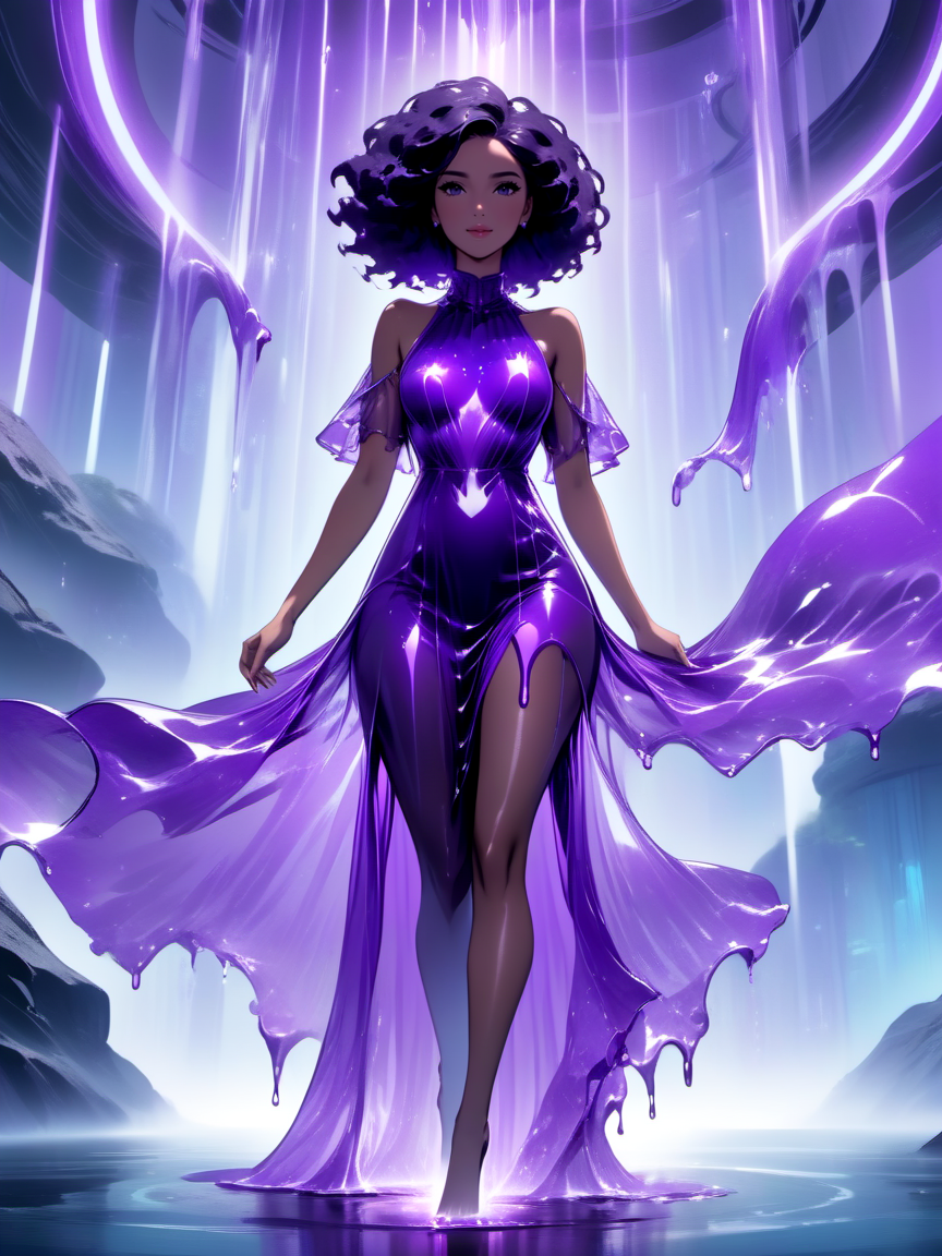 neonpunk style a beautiful woman wearing a Cortana Blue ((liquid dress)) Marching in Endor planet, <lora:xl_liquid_dress-1.0:1.2>,
Dutch Angle, from front, [full body],
guilty,
Afro,
Black hair, . cyberpunk, vaporwave, neon, vibes, vibrant, stunningly beautiful, crisp, detailed, sleek, ultramodern, magenta highlights, dark purple shadows, high contrast, cinematic, ultra detailed, intricate, professional