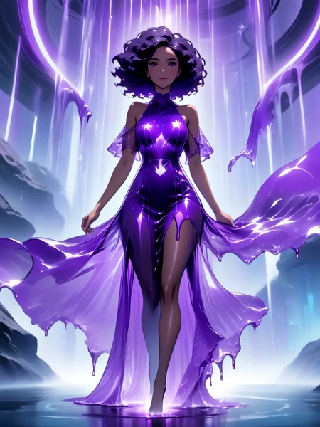neonpunk style a beautiful woman wearing a Cortana Blue ((liquid dress)) Marching in Endor planet, <lora:xl_liquid_dress-1.0:1.2>,
Dutch Angle, from front, [full body],
guilty,
Afro,
Black hair, . cyberpunk, vaporwave, neon, vibes, vibrant, stunningly beautiful, crisp, detailed, sleek, ultramodern, magenta highlights, dark purple shadows, high contrast, cinematic, ultra detailed, intricate, professional