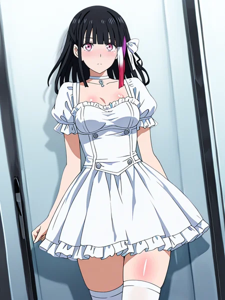 (masterpiece, very aesthetic, absurdres, best quality, high quality, cinematic shadow:1.4), body blush,character focus,perfect hands,medium breasts,sidelocks, cowboy shot, <lora:HandFixer_pdxl_Incrs_v1:1> handfixer,looking at viewer,<lora:StS-Illustrious-Detail-Slider-v1.0:4>, ,, <lora:eyelashext_v10:1>, <lora:rouge:1>, rouge, long black hair, streaked hair,blunt bangs,pink eyes,multicolored hair,rougewhitedress,white hair ribbon,white frilled dress,puffy short sleeves, white key choker, white socks, white mary janes
dynamic pose, dynamic angle, dynamic pov, dynamic expressions, solo,