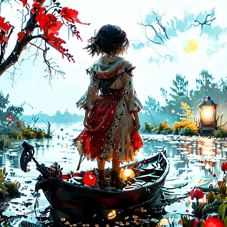 linquivera, Ink illustration, (anime:0.5), brown tones, aged black red paper, inkpunk, moonlight,surreal, a ghost standing on a boat in swampy wetlands, (at a distance), Will-o'-the-wisp, moonlit, lonely, solitude, windy, tall trees, willows, willowy, OverallDetail, extremely detailed, UHD,(long exposure , dystopian but extremely beautiful:1.4),   letitflrsh, ,  bosstyle   read description <lora:- SDXL - letitflrsh_let_it_flourish_V1.0:0.8>,<lora:Cute_Collectible:1>,<lora:XL_Boss_Battle_-_By_HailoKnightV2:0.6>,<lora:add-detail-xl:1>,<lora:Concept Art Twilight Style SDXL_LoRA_Pony Diffusion V6 XL:1>,<lora:MJ52:1>