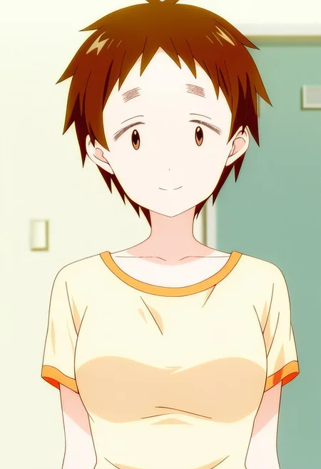best quality, masterpiece, anime screencap, anime coloring, ultra detailed, source_anime, intricate details, perfect anatomy, looking at viewer, 1girl, solo,
higuchi chisato, brown hair, short hair, brown eyes, breasts, pants, jeans, denim, shirt, t-shirt, smile, upper body,