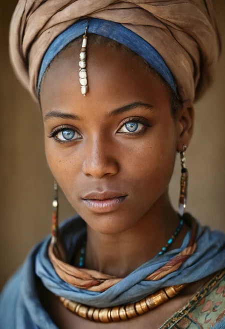 Photography in (stvmccrr style), a young Nubian woman with striking blue eyes, cultural portrait, emotive humane photography, rich colors, analog film, film grain, kodachrome, intricate details, insanely detailed, natural lighting, 8k, hdr, masterpiece, award winning photography