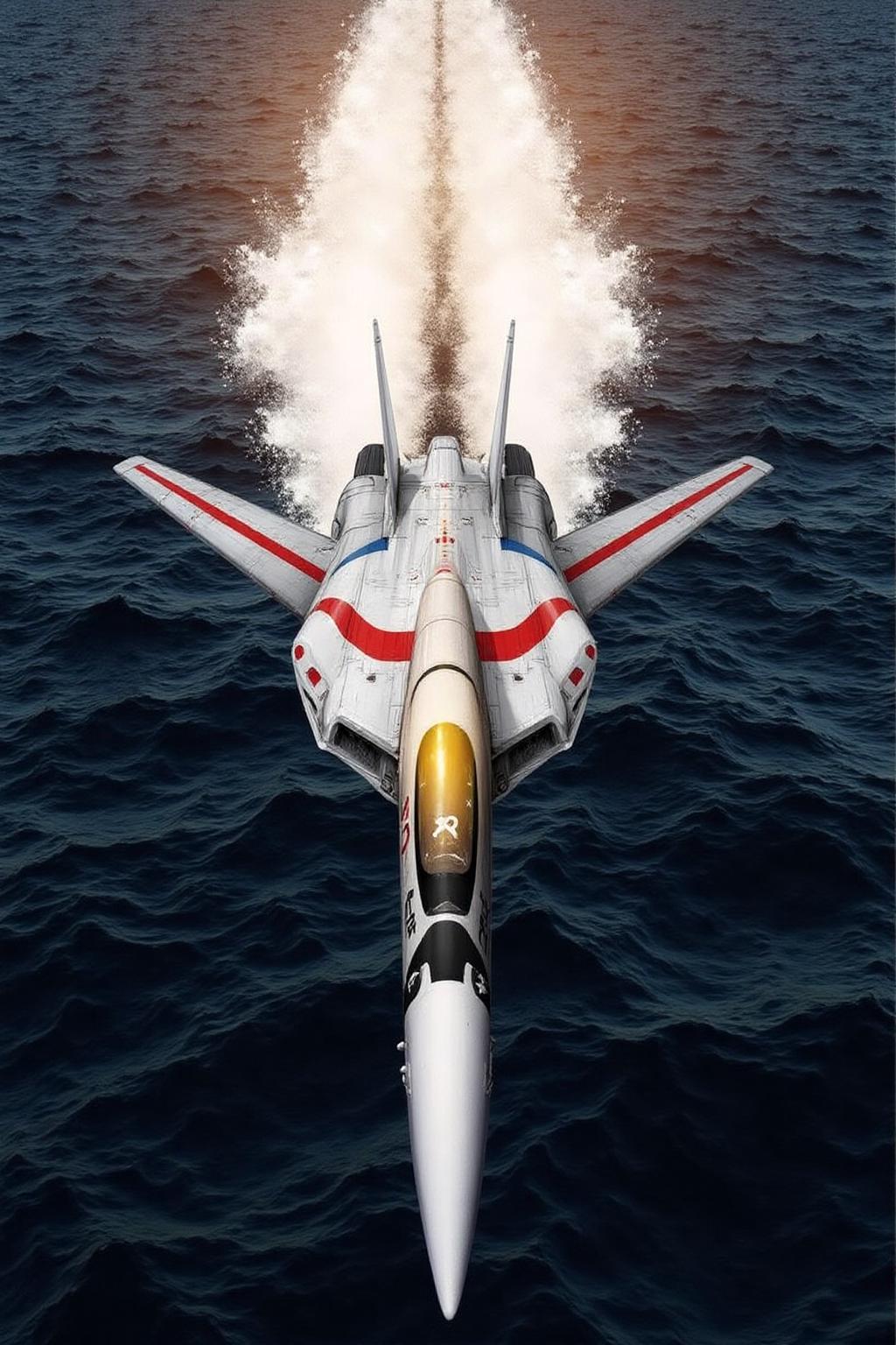 m9cha illustration
A jet aircraft, specifically a fighter plane, flying above the ocean. The aircraft is a sleek, futuristic design with a predominantly white body adorned with red accents and blue stripes. It features two powerful engines with distinctive, curved exhaust plumes that emit a burst of water, creating a dramatic, splashy effect, suggesting it is either taking off or landing on water. <lora:macmecha1_cap_d6a3e11:1.0><lora:820683863031322067:0>