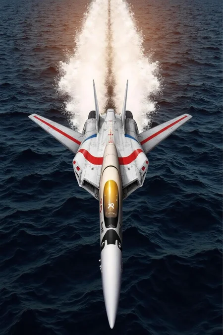 m9cha illustration
A jet aircraft, specifically a fighter plane, flying above the ocean. The aircraft is a sleek, futuristic design with a predominantly white body adorned with red accents and blue stripes. It features two powerful engines with distinctive, curved exhaust plumes that emit a burst of water, creating a dramatic, splashy effect, suggesting it is either taking off or landing on water. <lora:macmecha1_cap_d6a3e11:1.0><lora:820683863031322067:0>