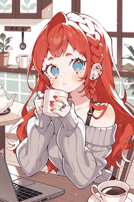 <lora:Uekura_Eku:1>, Uekura_Eku, 1girl, jewelry, long hair, braid, solo, cup, red hair, ring, blue eyes, earrings, laptop, looking at viewer, indoors, off shoulder, sweater, off-shoulder sweater, teacup, table, freckles, saucer, window, sitting, piercing, computer, plant, ear piercing, kitchen, potted plant, grey sweater, long sleeves, lips, blurry, food, mug, bare shoulders, chair, plate, bra strap, teapot, cafe, upper body, blurry background, side braid, coffee, stud earrings, coffee mug, plaid, nail polish, closed mouth