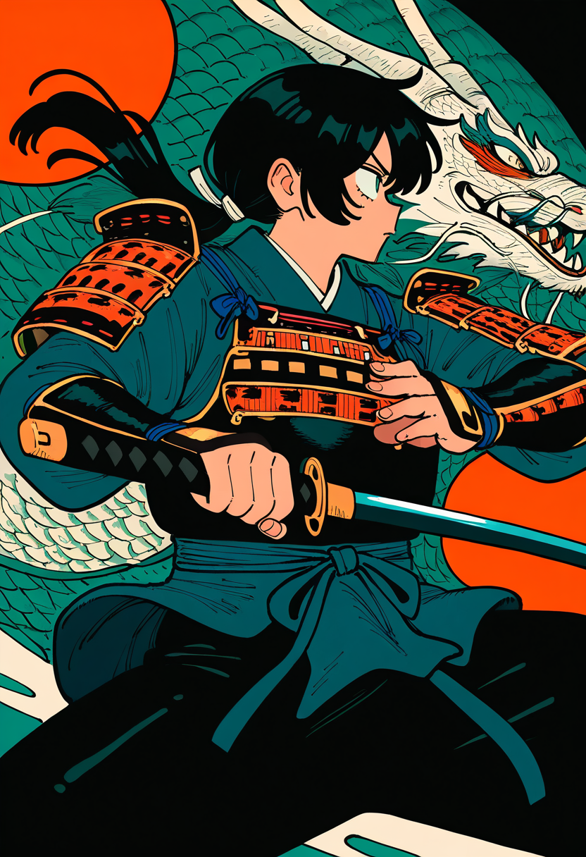 1girl, katana, samurai, armor, fighting-stance, from-side, dragon-background, cowboy-shot, cover-image, comics, masterpiece, best quality, newest, absurdres, highres