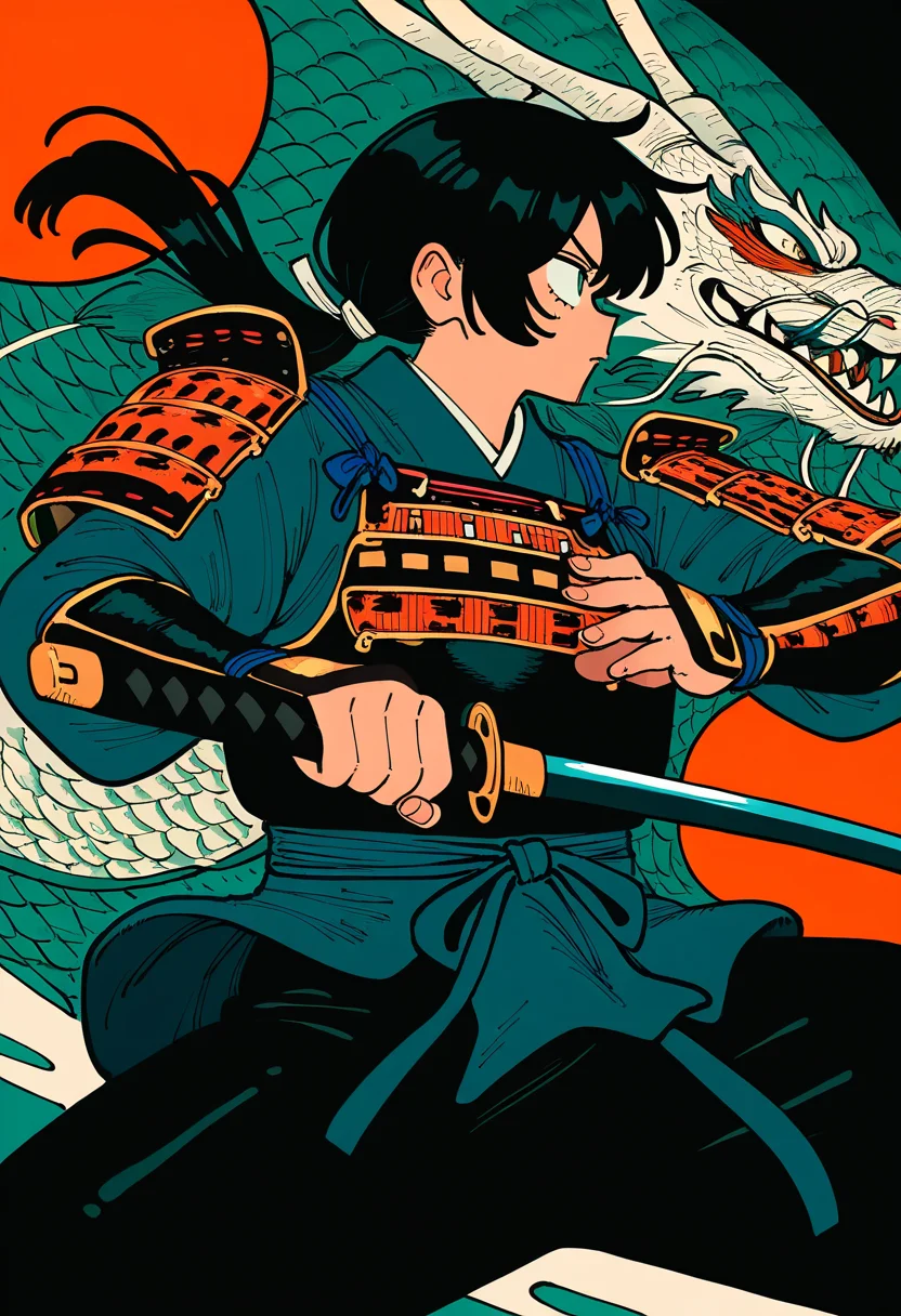 1girl, katana, samurai, armor, fighting-stance, from-side, dragon-background, cowboy-shot, cover-image, comics, masterpiece, best quality, newest, absurdres, highres