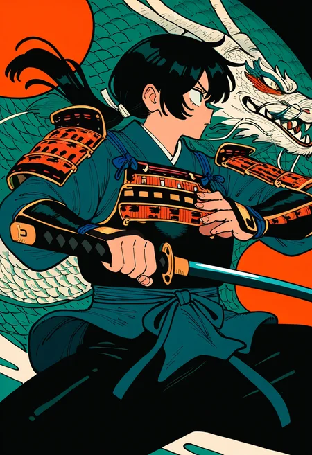 1girl, katana, samurai, armor, fighting-stance, from-side, dragon-background, cowboy-shot, cover-image, comics, masterpiece, best quality, newest, absurdres, highres