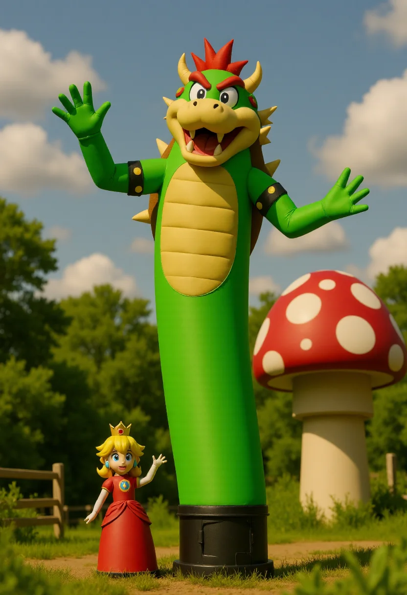 <lora:Wacky_Waving_Inflatable_Arm_Flux_Man-000009:0.9> 
The image is a photograph of a very tall, inflatable Bowser with wavy raised arms standing next to a small Princess Peach in a mushroom kingdom setting.