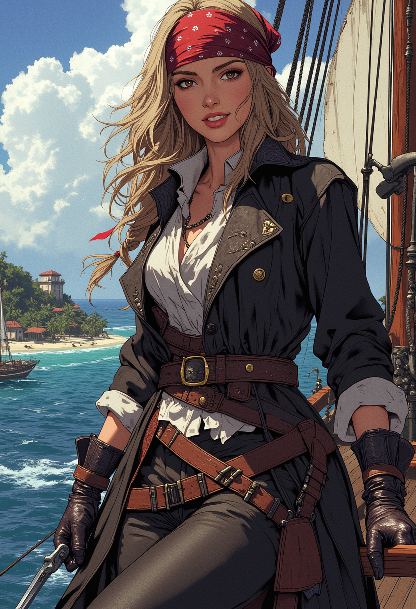 Close up shot. Image is a digital fantasy artwork featuring a female character with a striking appearance. She has tan skin and brown eyes, with long blonde hair peaking out the bottom of her bandana. In her hands is a cutlass. On her body is multiple old flintlock pistols, She's wearing a long intricate overcoat with a white white and tight leather pants. She's standing at the edge of a ship with one leg on the railing, looking out into the sea. Her expression is happy and confident. The background is of a the ocean, small tropical island, Skull island,