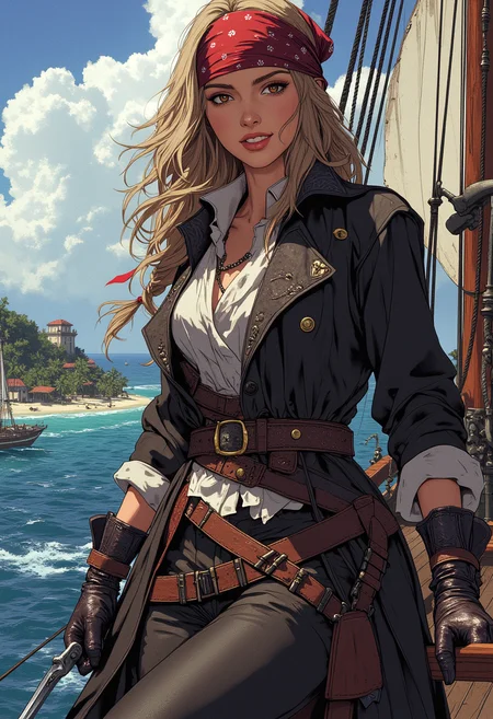 Close up shot. Image is a digital fantasy artwork featuring a female character with a striking appearance. She has tan skin and brown eyes, with long blonde hair peaking out the bottom of her bandana. In her hands is a cutlass. On her body is multiple old flintlock pistols, She's wearing a long intricate overcoat with a white white and tight leather pants. She's standing at the edge of a ship with one leg on the railing, looking out into the sea. Her expression is happy and confident. The background is of a the ocean, small tropical island, Skull island,