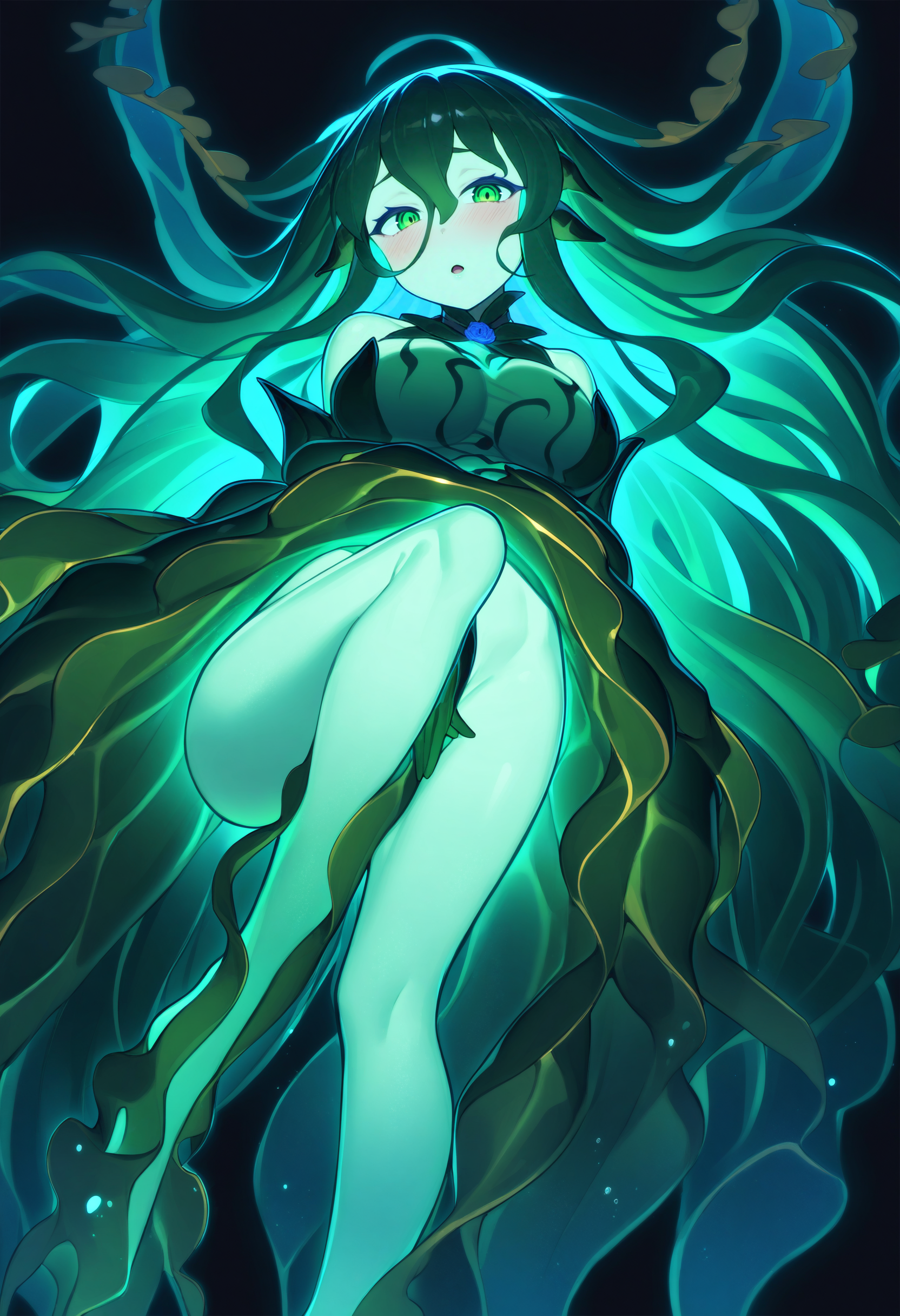 flow kelp, kelp, 1girl, :o, absurdres, bare legs, blush, colored skin, full body, green eyes, green hair, green skin, green theme, groin, hair between eyes, long hair, looking at viewer, monster girl, monster girl encyclopedia, official art, open mouth, pale skin, parted lips, plant girl, solo, very long hair, wavy hair, underwater, close-up, from below,  hand between legs, floating, bioluminescence, night, black background,
masterpiece, best quality, very aesthetic, absurdres
<lora:monmusu_plant_girl_ani_v13:1>