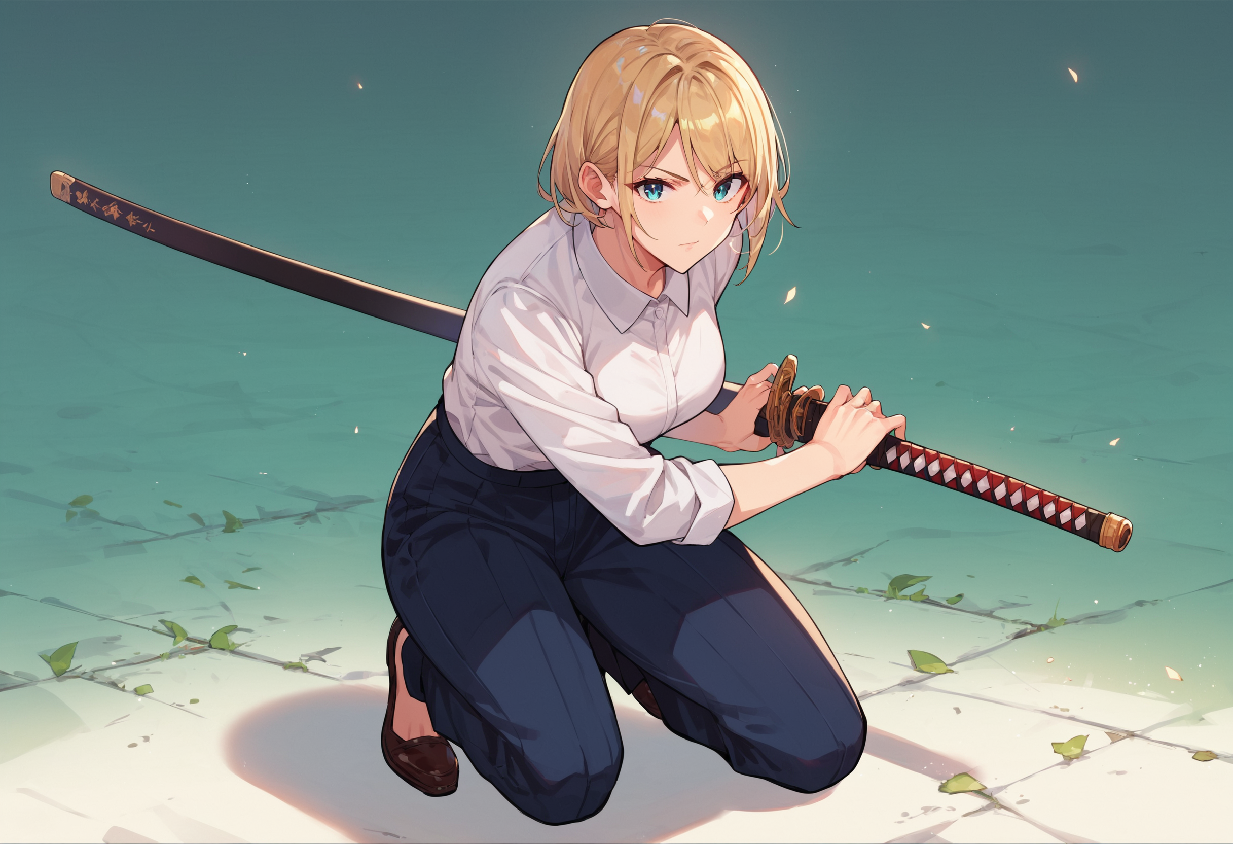 score_9_up score_8_up score_7_up, source_anime, 1girl, battoujutsu, looking at viewer, one knee on ground, formal suit, white shirt, pants
<lora:battoujutsu_stance_24retry_pony_rework_final_svd_d8:1>