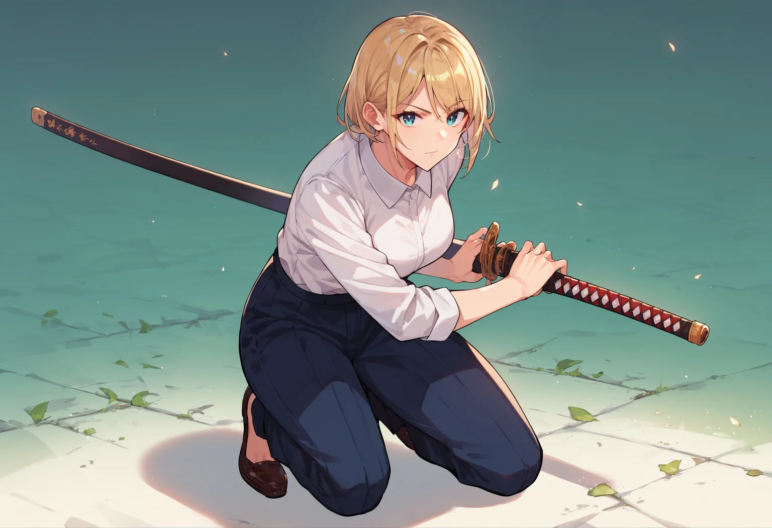 score_9_up score_8_up score_7_up, source_anime, 1girl, battoujutsu, looking at viewer, one knee on ground, formal suit, white shirt, pants
<lora:battoujutsu_stance_24retry_pony_rework_final_svd_d8:1>