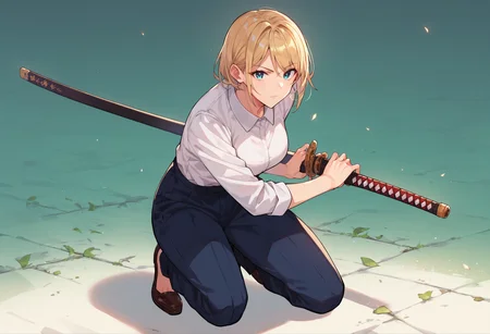 score_9_up score_8_up score_7_up, source_anime, 1girl, battoujutsu, looking at viewer, one knee on ground, formal suit, white shirt, pants
<lora:battoujutsu_stance_24retry_pony_rework_final_svd_d8:1>