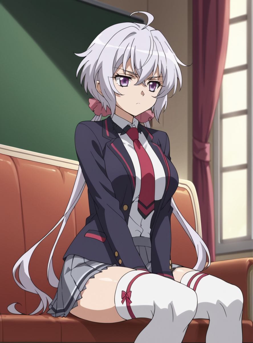 score_9, score_8_up, score_7_up, score_6_up, score_5_up, score_4_up, BREAK source_anime, masterpiece , anime screencap, anime_lineart anime coloring, <lora:YukineChris:0.8>yukinechris, long hair, purple eyes, twintails,low twintails, ahoge, large breasts, indoors, school uniform, blazer, necktie, white thighhighs,  pleated skirt,  open jacket,sitting, bored,