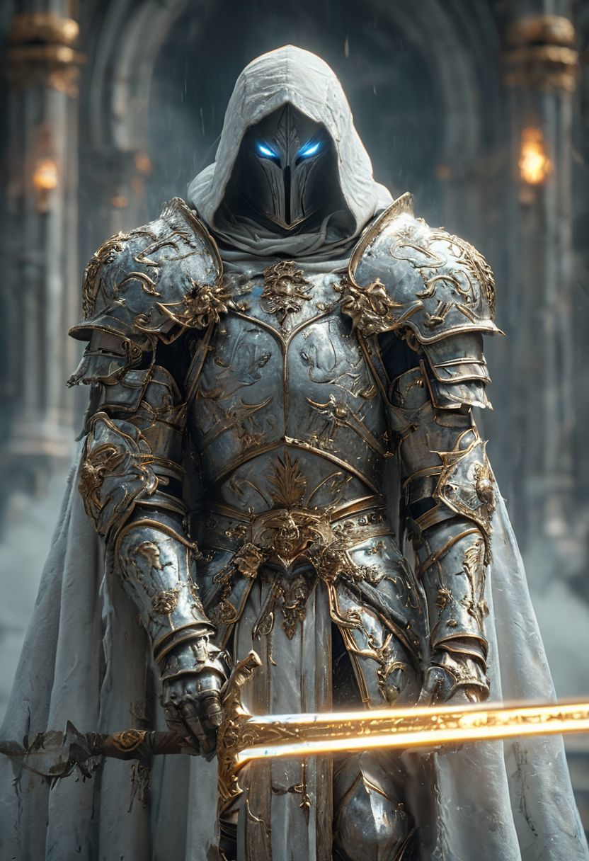 A stunning, highly detailed dark fantasy full body illustration of a proud angelical warrior wearing intricate medieval white HKStyle armor and a grim warrior face, holding a great golden glowing sword, golden and blue glooming eyes, very wide shoulders, wearing big gauntlets, epic composition. The warrior stands heroic with a flowing cloak and white hood during a storm with foggy gloom, thunderclouds in the background. The scene depicts him with brooding emotional agony. style by Greg Rutkowski, by Milo Manara and Russ Mills, with insanely intricate details and textures, gloomy dramatic lighting, 8K resolution