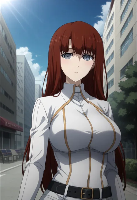 Ultra-high-detailed Anime illustration of Kagari Shiina. The artwork features Kagari in a solo, standing position with a outdoors, street background. 
She is depicted with intricate details showcasing her big breasts, natural breasts. She is a white skinned, 22 years old woman. Kagari is looking at viewer with perfect eyes, Her pupils are highly detailed. The eyes are open. grey eyes. Kagari's eyes are highlighted. Highlighted eyevrows. 
She has long hair, red colored hair, styled in floating hair with bangs.
She is wearing a motorcycle suit, black motorcycle suit, full body motorcycle suit with black gloves, black belt and black shoes. 
The artistic style is intricate_details_xl with a focus on Anime artstyle. The color palette emphasizes red and black with detailed strokes to bring out the character's features. The lighting creates dramatic shadows and highlights, adding depth to the artwork. The perspective is from a dutch angle to enhance the impact of the character's expression. This masterpiece is a true portrayal of Kagari's complex personality and will captivate any fan of Kagari. Kagari Shiina, close up