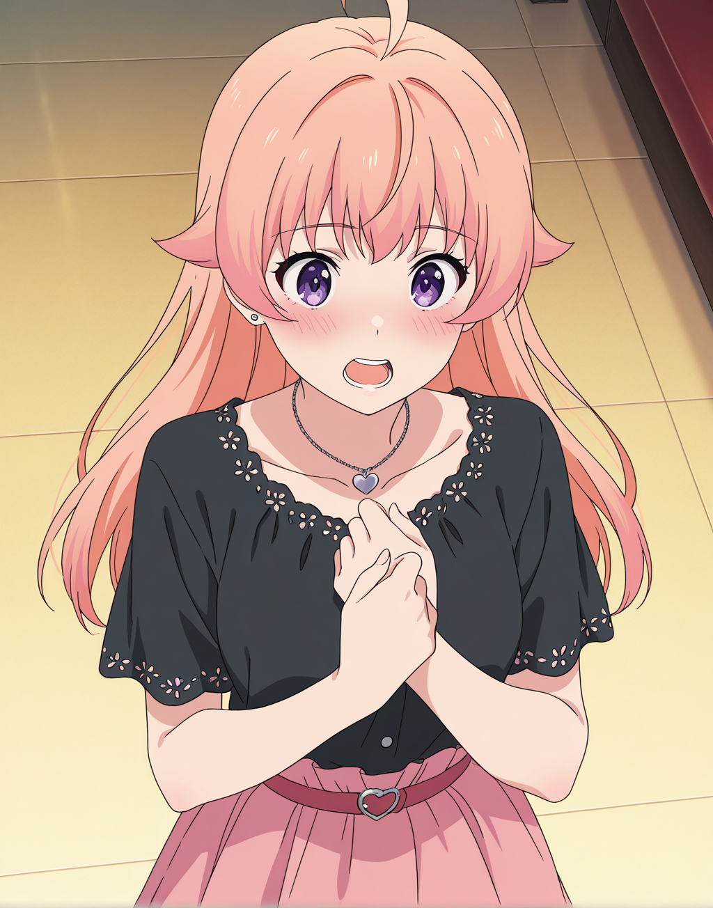 NicoW, peach hair, 1girl, ahoge, skirt, long hair, purple eyes, jewelry, black shirt, open mouth, blush, shirt, solo, pink skirt, short sleeves, bangs, hand on own chest, collarbone, teeth, heart necklace, technicolor, detailed, 4k, best quality, masterpiece, intricate details, intricate colors, illustration, cinematic, cinematic shading, ray tracing, anime,anime screencap, anime coloring, anime screenshot, close up