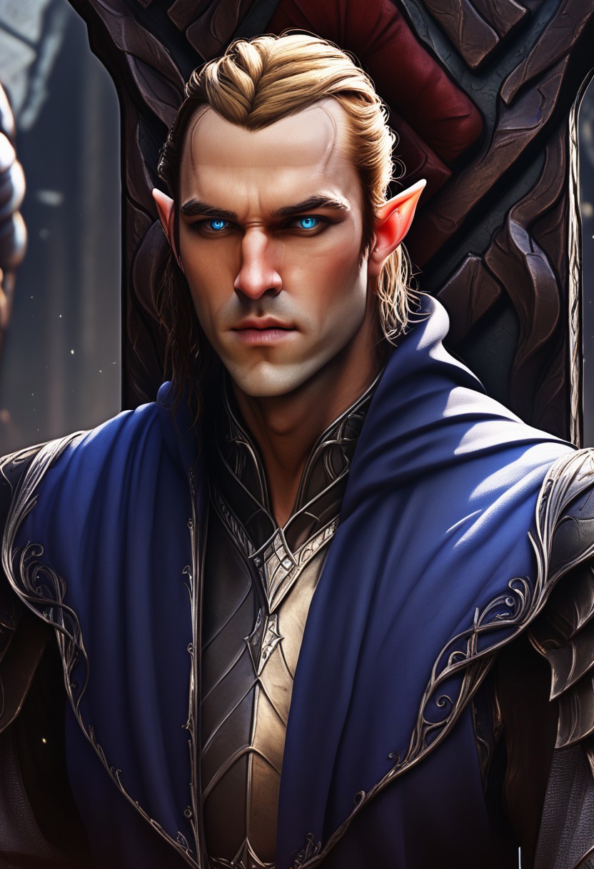 The image is a close-up portrait of a male elf with blue eyes, prince, throne room, fantasy, realistic, detailed
