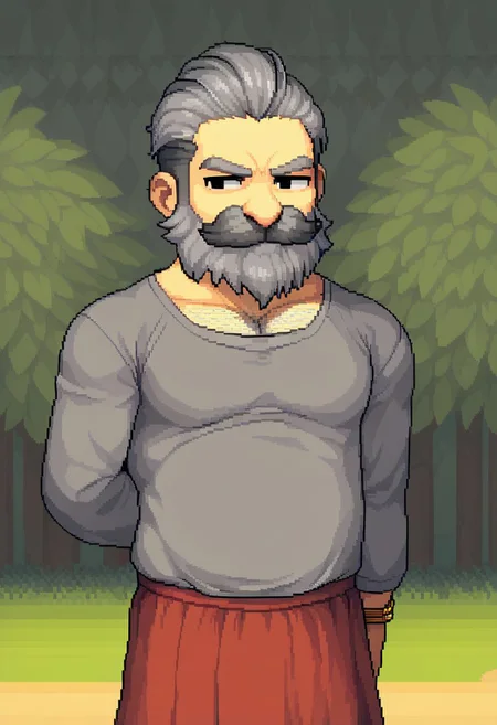 Pixel_Art,
1boy, solo, beard, mustache, nose, serious, cowboy shot, grey hair, medium hair, facial hair, black eyes, hair slicked back, closed mouth, grey shirt, red skirt, male focus, skirt, chest hair, standing, shirt, long sleeves, bracelet, arm behind back, long beard, fur-trimmed skirt, grey fur, big nose, plump, outdoors, meadow, day