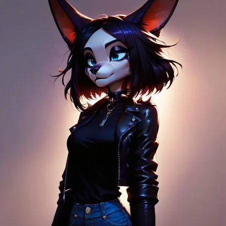 digital_media_(artwork) hi_res, score_9, score_8_up, score_7_up, score_6_up, score_5_up, score_4_up, rating_safe, beautiful, intricate, high quality details, highly detailed, amazing quality, anthro, furry, no humans, furry female, detailed textured fur, fur tufts, fluffy, cute, cute face, small, detailed sexy eyes, solo, SFW, jackal, expressive, sassy, multicolored hair, streaked hair, absurdres, highres, shirt, denim pants, leather jacket, spiked collar, clothed slim, clothed slender, clothed skinny, goth, heavy eyeliner, heavy eye shadow, breasts, vivid colors,