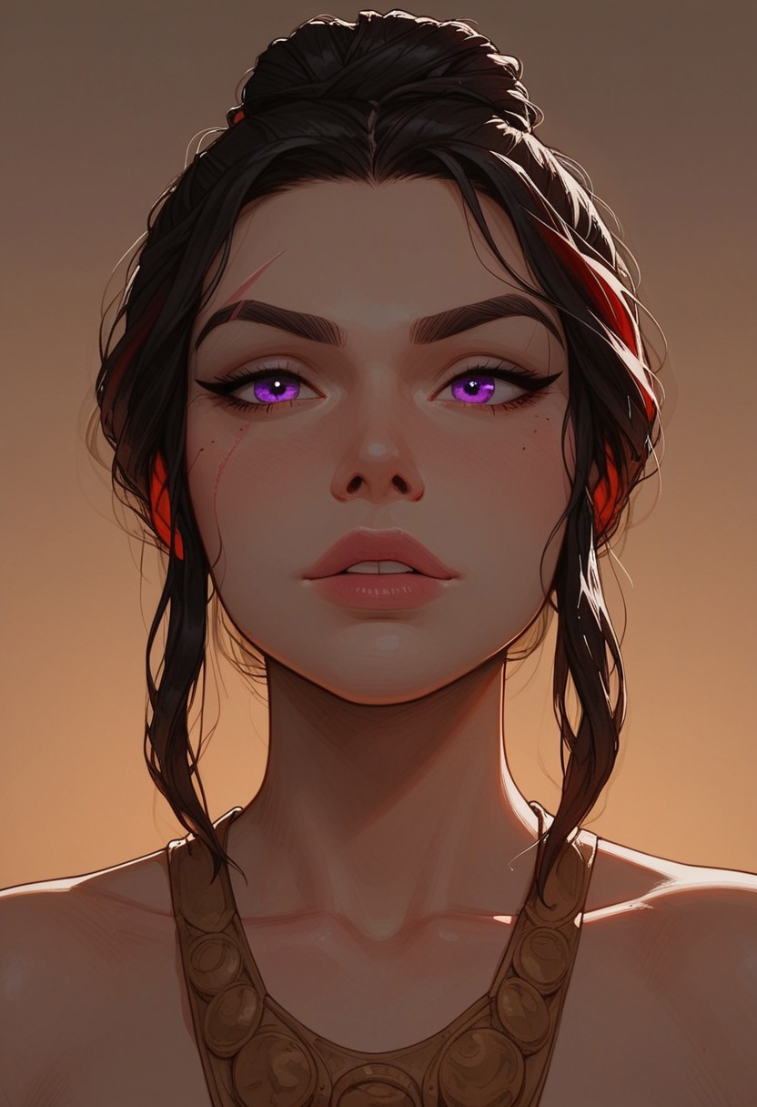 (score_9, score_8_up, score_7_up). ( line work, excellent drawing, highest quality, extremely detailed:1.2). 1woman, milf, Greek Goddess Nemesis, villain, perfect face, beautiful violet eyes, dark hair, bun, dyed red tips, long lashes, ((split eyebrow)), thin eyebrow scar, glossy lips, seductive expression, femdom, dynamic angle, ancient greek dress, g0thicPXL, romantic, cinematic lighting, volumetric lighting, source_cartoon, statuesque,