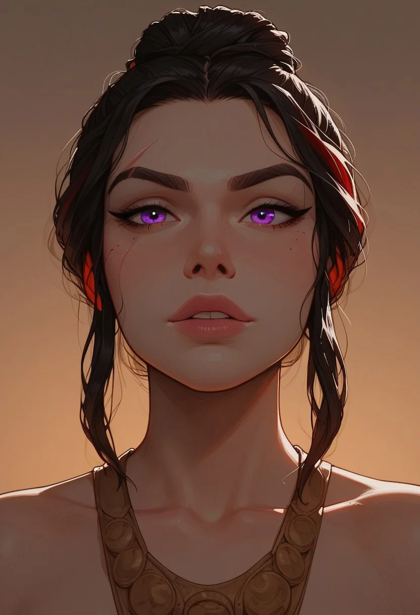 (score_9, score_8_up, score_7_up). ( line work, excellent drawing, highest quality, extremely detailed:1.2). 1woman, milf, Greek Goddess Nemesis, villain, perfect face, beautiful violet eyes, dark hair, bun, dyed red tips, long lashes, ((split eyebrow)), thin eyebrow scar, glossy lips, seductive expression, femdom, dynamic angle, ancient greek dress, g0thicPXL, romantic, cinematic lighting, volumetric lighting, source_cartoon, statuesque,