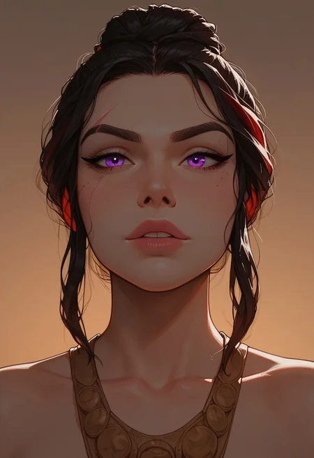 (score_9, score_8_up, score_7_up). ( line work, excellent drawing, highest quality, extremely detailed:1.2). 1woman, milf, Greek Goddess Nemesis, villain, perfect face, beautiful violet eyes, dark hair, bun, dyed red tips, long lashes, ((split eyebrow)), thin eyebrow scar, glossy lips, seductive expression, femdom, dynamic angle, ancient greek dress, g0thicPXL, romantic, cinematic lighting, volumetric lighting, source_cartoon, statuesque,