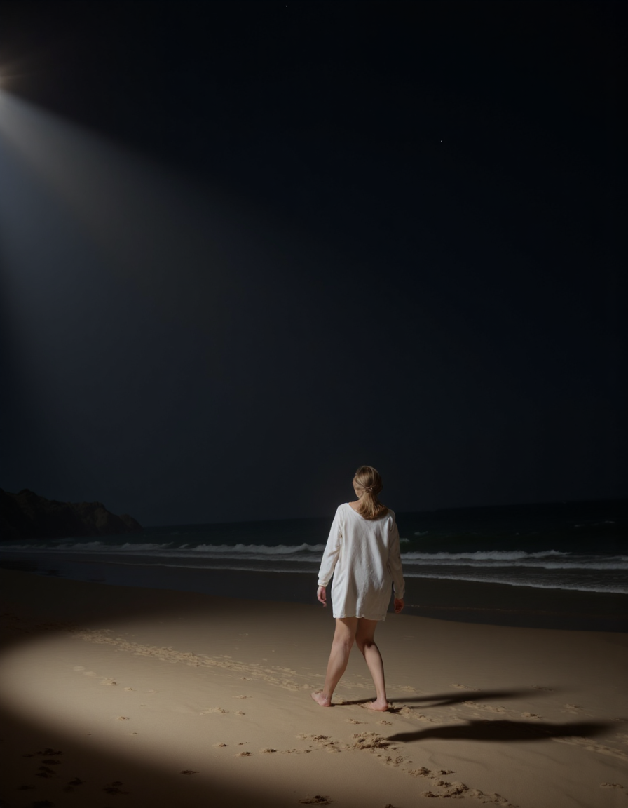 Rembrandt style (Night scene:1.8), <lora:Guin-FluxX:1>, (in the rays of light,:1.7), on the sand on starry sea beach, absurdres, <lora:SuperModel-V8:1>, Guin, public use . Baroque, chiaroscuro, realistic, emotional, "flat lighting