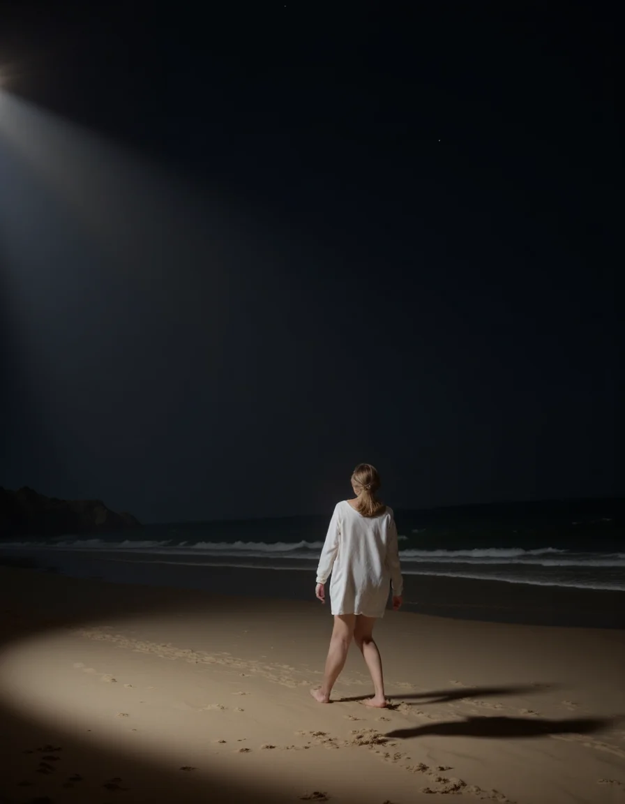 Rembrandt style (Night scene:1.8), <lora:Guin-FluxX:1>, (in the rays of light,:1.7), on the sand on starry sea beach, absurdres, <lora:SuperModel-V8:1>, Guin, public use . Baroque, chiaroscuro, realistic, emotional, "flat lighting