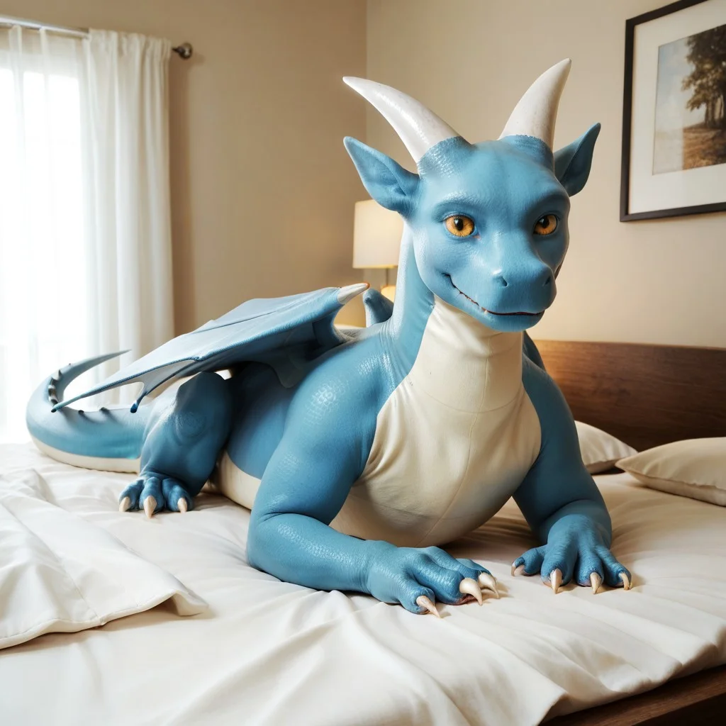 score_9, score_8_up, score_7_up, score_6_up, score_5_up, score_4_up, masterpiece, high quality, realistic, detailed, best quality, white bed, solo, rating_safe, source_furry, bedroom, smiling, seductive, looking at viewer, lying on stomach, good_hands, detailed eyes, feral, lorem_awsw, dragon, blue scales, wings, horns, tail, claws, yellow eyes