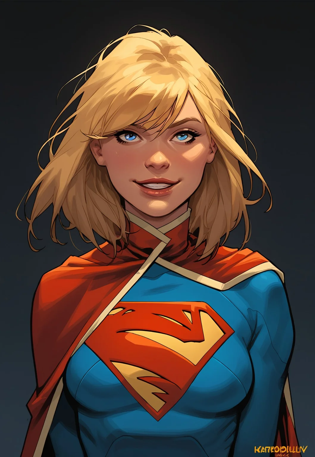 safe_pos, Expressiveh, score_9, score_8_up, score_7_up, score_6_up, score_5_up, score_4_up, best qualtiy, supergirl,leotard, superman logo,  cape,portrait:1.2,blonde,blue eyes,looking at viewer,medium breasts,upper body,detailed face,simple background,smile,close-up:1.2