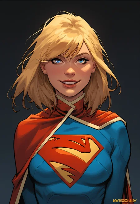 safe_pos, Expressiveh, score_9, score_8_up, score_7_up, score_6_up, score_5_up, score_4_up, best qualtiy, supergirl,leotard, superman logo,  cape,portrait:1.2,blonde,blue eyes,looking at viewer,medium breasts,upper body,detailed face,simple background,smile,close-up:1.2