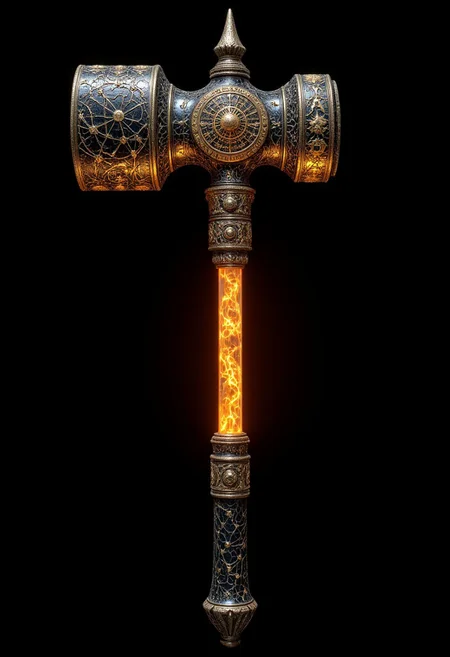A heavy warhammer forged from dark obsidian, its head adorned with golden inlays depicting celestial constellations. The handle is wrapped in dragon-hide leather, still warm to the touch, as if it holds the lingering heat of the forge that birthed it. The hammer’s surface is pockmarked with tiny runes, shifting and reforming in an endless, indecipherable script. When swung, it leaves behind faint golden embers, illuminating the path of its devastating arc.
, aidmamjv7, aidmaHyperrealism, aidmaimageupgrader