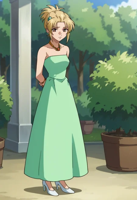 score_9,score_8_up,score_7_up,score_6_up,score_5_up,score_4_up,anime coloring,source_anime,<lora:Cagalli_Yula_Athha_Gundam_SEED_Pony:0.8>,cagalli,1girl,solo,brown eyes,medium hair,blonde hair,hair up,jewelry,necklace,bracelet,green dress,off-shoulder dress,high heels,shy,arms_behind_back,outdoors,garden,looking_at_viewer,