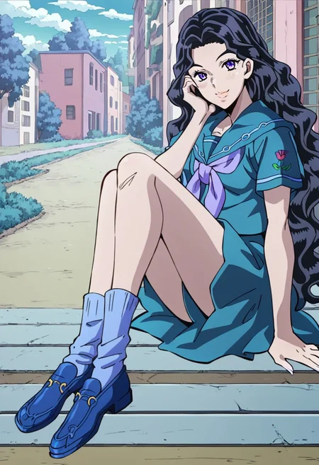 score_9, score_8_up, score_7_up, outdoors, from side, 1girl, Yukako Yamagishi, Teal Serafuku, Lavender Bow, Rose Sleeve Imprint, Navy Blue Shoes, Purple Eyes, sitting, smile, looking at viewer, (highest quality, perfect quality, best quality, highly detailed, intricate detail, beautiful eyes, detailed face and eyes, perfect background, detailed background, detailed body, detailed anatomy, perfect anatomy, high-contrast),