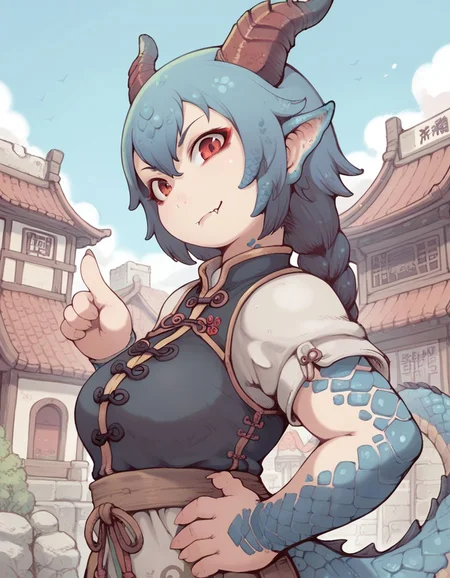 score_9,score_8_up,score_7_up, <lora:Ibukichi_Artist:0.9>, 1girl, solo, monster girl, dragon girl, dragon tail, multicolored skin, scales , gradient skin, dragon horns, skin fang, under lip, chinese architecture , outdoors, chinese kingdom, medieval, looking at viewer, upper body, hand on own hip, perspective ,pointing at viewer, dynamic angle , from side ,