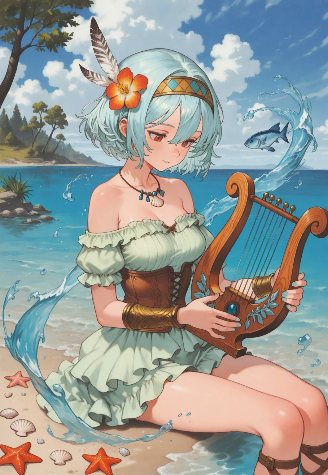 masterpiece, best quality, very aesthetic, absurdres,
cowboy shot, 1girl, solo,
coast harpist, red eyes, light blue hair, short hair, hair between eyes, aqua nails, medium breasts, collarbone, bare shoulders, bare legs,
feather hair ornament, hair flower, headband, necklace, off-shoulder dress, short dress, light green dress, puffy short sleeves, gathers, bracer, corset, gladiator sandals,
holding lyre, music, playing instrument, hydrokinesis,
from side, sitting, on ground, soaking legs, light smile, parted lips, looking down,
outdoors, day, blue sky, cloudy sky, fish, water, ocean, shore, tree, starfish, seashell,
oygilmb
rakugakingu
bdbgil