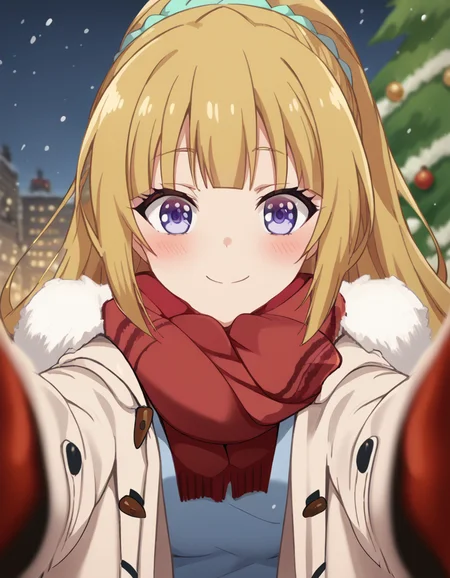 score_9, score_8_up, score_7_up, source_anime, <lora:kei-karuizawa-anime-s2-ponyxl-lora-nochekaiser:1>, kei karuizawa, long hair, bangs, blunt bangs, purple eyes, blonde hair, hair ornament, ponytail, scrunchie, blue scrunchie, medium breasts,, <lora:pov-cheek-warming-ponyxl-lora-nochekaiser:1>, pov cheek warming, pov cheek warming (meme), winter gloves, duffel coat, fur-trimmed scarf, winter clothes, red mittens, meme, winter coat, red scarf, fur-trimmed coat, reaching towards viewer, reaching, mittens, fur-trimmed hood, white coat, open coat, scarf, coat, red gloves, snowing, pov, fur trim, depth of field, smile, blush,, christmas, christmas tree, christmas lights,,