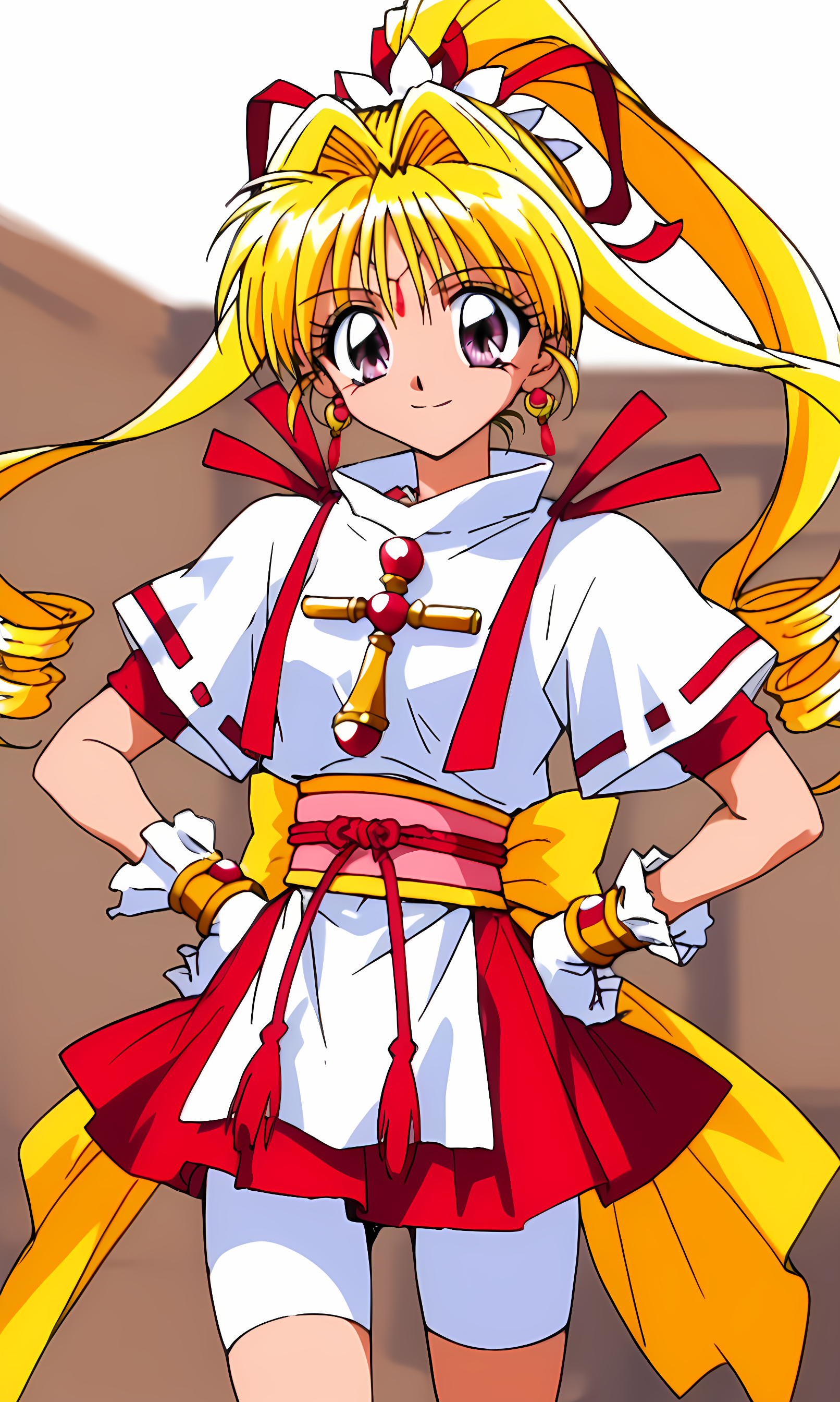 8k, best quality, solo, cute, score_9, score_8_up, score_7_up, 90s anime, masterpiece, source_anime,  KKJs2, artist A style, purple eyes, forehead jewelry, blonde hair, very long hair, hair intakes with drill long sidelocks, one high drill ponytail at the back, red hair ribbon with white octagonal decoration, earrings, red inner clothes with white edges, white outfit, folded standing collar, white collar, white side slit and long shirt tail, red accents on white short sleeves, short red inner sleeves, exposed lower arms, shoulder decorations, red ribbon decorations on shoulders, cross ornament on chest, gold bracelet, long white gloves, (red and yellow sash:1.2), red rope with tassels, large yellow bow, red layered miniskirt, white bike shorts, covering thighs, bare thighs between bike shorts and boots, cowboy shot, hands on own hip, smile,