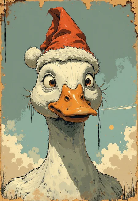 A stylized, detailed portrait of a pristine white duck with a serious expression, featuring two small buns of feathers tied at the sides of his head. The top of his bald head now features a tiny, bright red Santa hat with white fur trim and a fluffy pom-pom, perfectly balanced where the duck used to be. The duck's rugged face is accentuated by sharp shadows, weathered feathers, and intricate textures, giving a sense of depth and intensity.
The background is an abstract, off-indigo tone with splatters of orange and beige, adding a gritty, artistic flair to the composition. The Santa hat stands out vividly against the muted and earthy color palette, adding a whimsical and contrasting element to the otherwise serious tone of the portrait. The overall image blends humor with detailed realism, creating a memorable and striking visual.