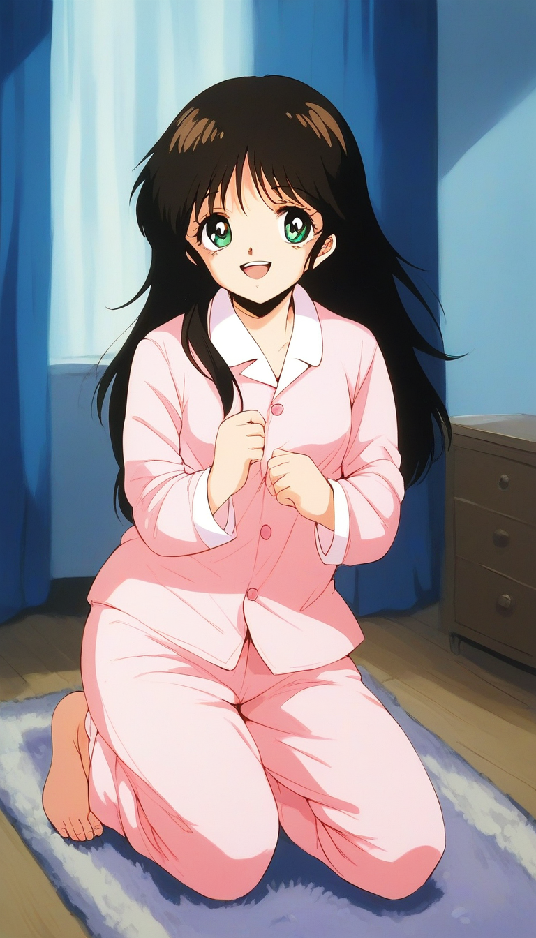 score_9, score_8_up, score_7_up, source_anime, rating_explicit, BREAK  <lora:NonomuraAmi_BeMybaby_Ver2.0_XL:1> NonomuraAmi, long hair, black hair, brown hair, small breasts, green eyes, bangs,
pink pajamas,
room, carpet, curtain,
smile, open mouth,
looking at viewer, 
cowboyShot,