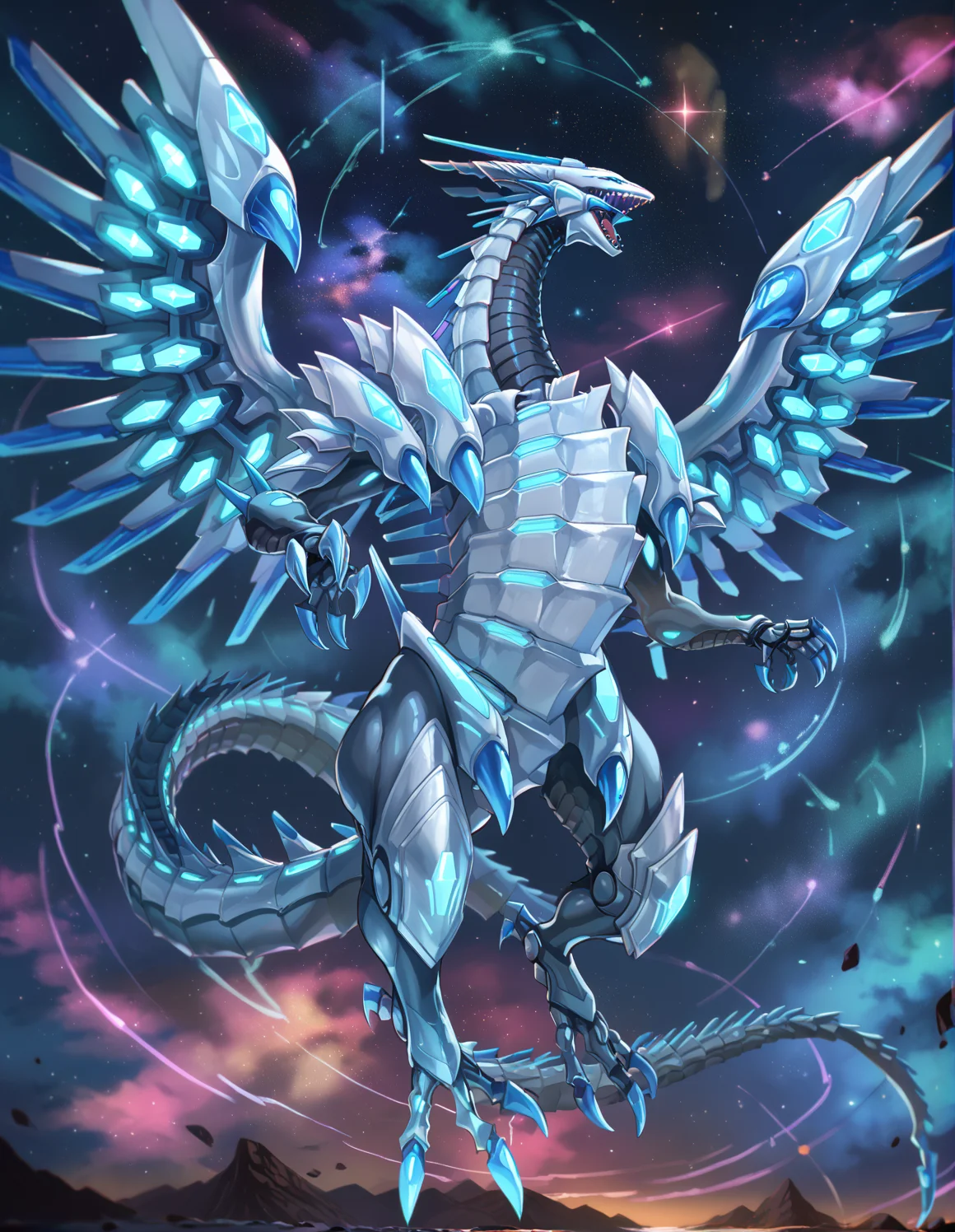 (score_9:0.9),score_8_up,score_7_up,rating_safe,anime style,(zPDXL),(zPDXL3),
<lora:blue eye chaos max dragon ponyXL v1.2:0.86>,mecha dragon,blue eye chaos max dragon, star, space, solo, open mouth, (flying), sharp teeth, full body, blurry, spread wings, from below, no iris