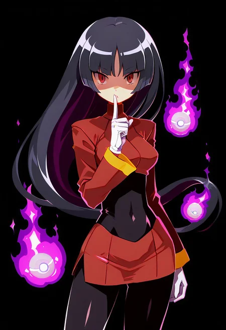 finely detailed, masterpiece, intricate details, beautiful detailed, delicate, highres, best quality, Low-key lighting, ((dark background:1.4)), 
zzSabrina, red eyes, long hair, blunt bangs, sabrina (pokemon), purple hair, pantyhose, black hair, long sleeves, red skirt, white gloves, black bodysuit, 
one finger up, floating pokeball, purple glow, 
purple aura, 
purple fire in background, 
cowboy shot, looking at viewer, shiny skin,
